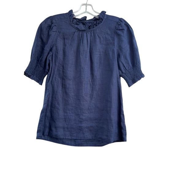 J.Crew Tops - J.Crew Navy Linen Ruffle Neck Puff Sleeve Smocked Blouse Top AY671 XXS